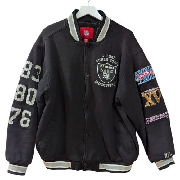 Oakland Raiders NFL Super Bowl Patch 76, 80, 83 Varsity Bomber Jacket Men's XL - Picture 1 of 11